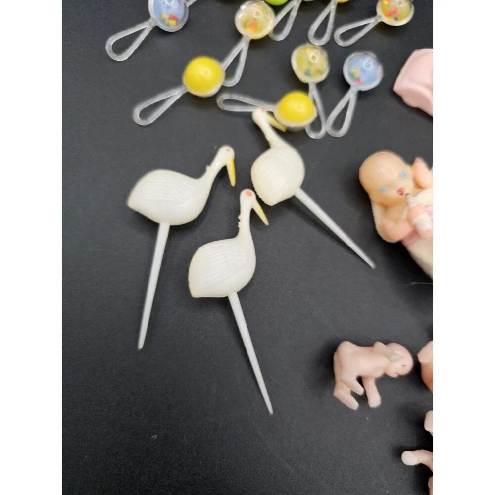 Baby Shower Cake Topper Lot Storks Plastic Diaper Pins Bottles Vtg Boy Or Girl